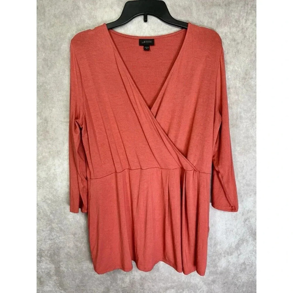 J Jill Tunic Shirt Womens Medium Pink Coral Wearever Collection Faux Wrap 3/4Slv - Picture 3 of 12